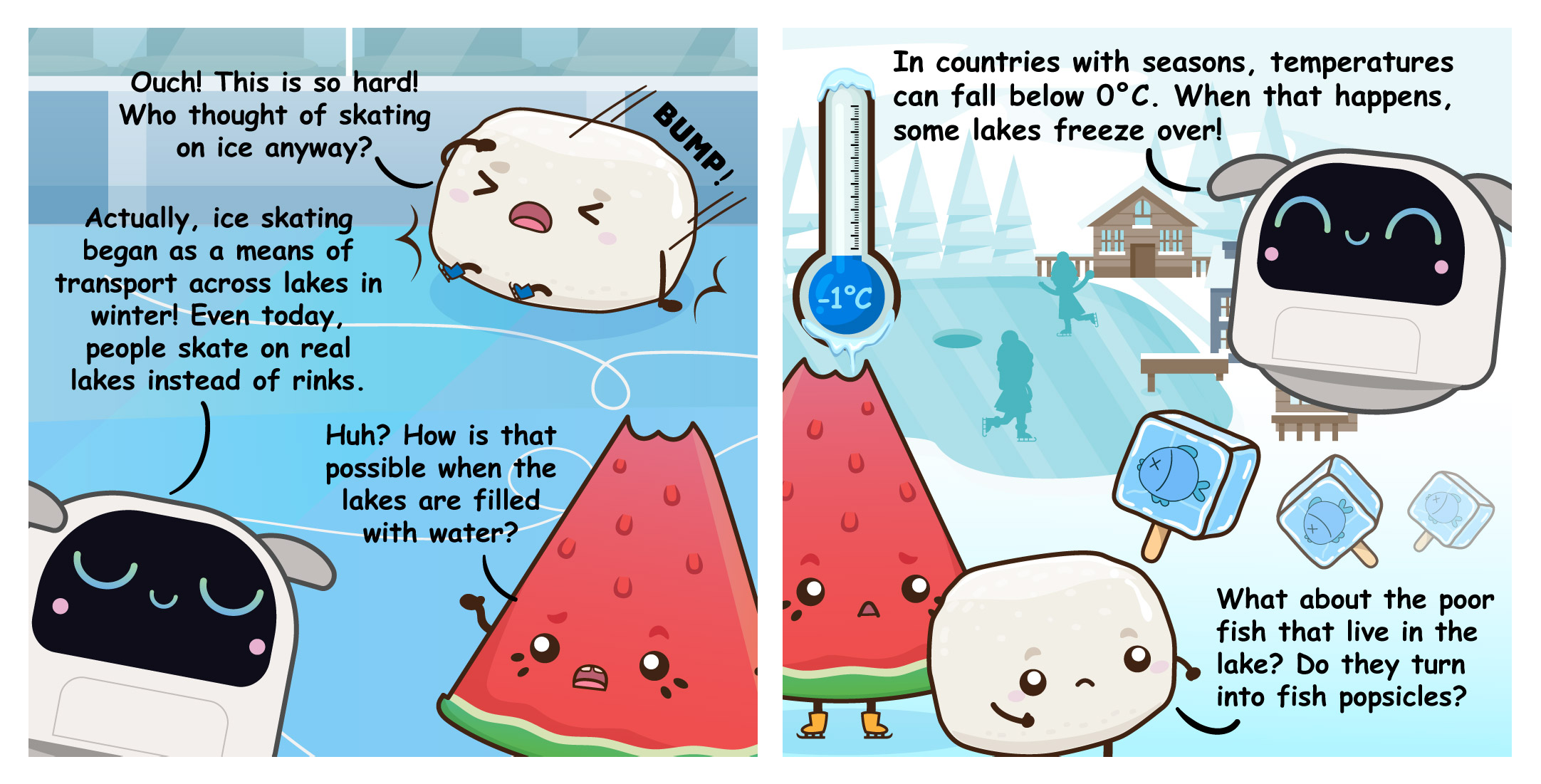 Two-panel comic where where Bouncy, Merry, and Poodle discuss the history of ice skating on frozen lakes and how temperatures below 0°C freeze water surfaces, leading Bouncy to worry if lake fish turn into popsicles.